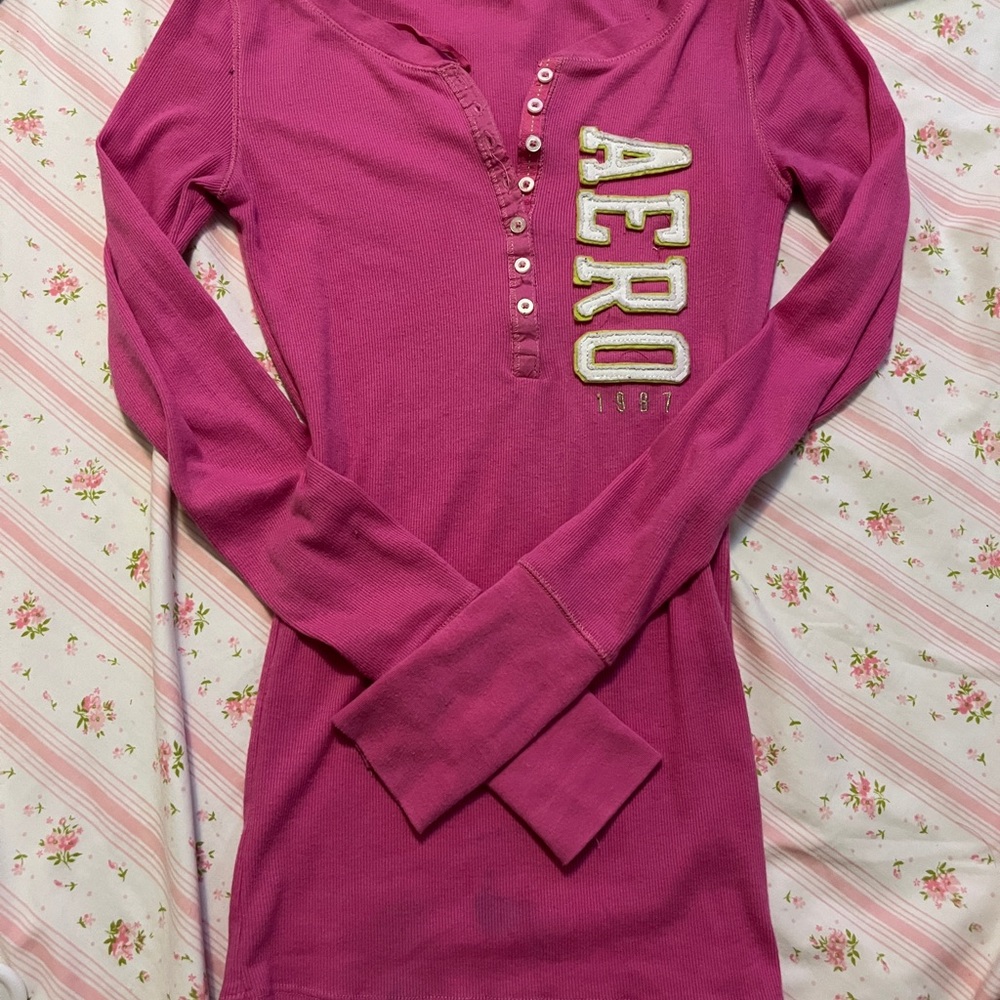 2000's Aero Pink Long Sleeve Henley Top Y2K